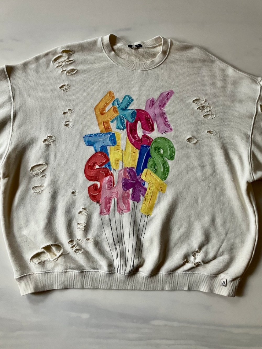 R13 2022 Distressed Sweatshirt "F*** this S***" in Balloons L